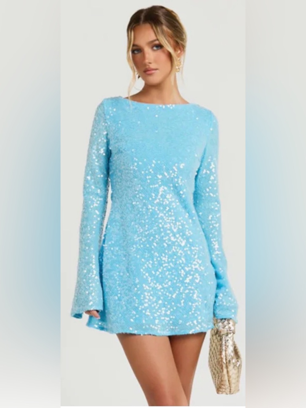 Light Blue Sequin Long Sleeve Mini Dress